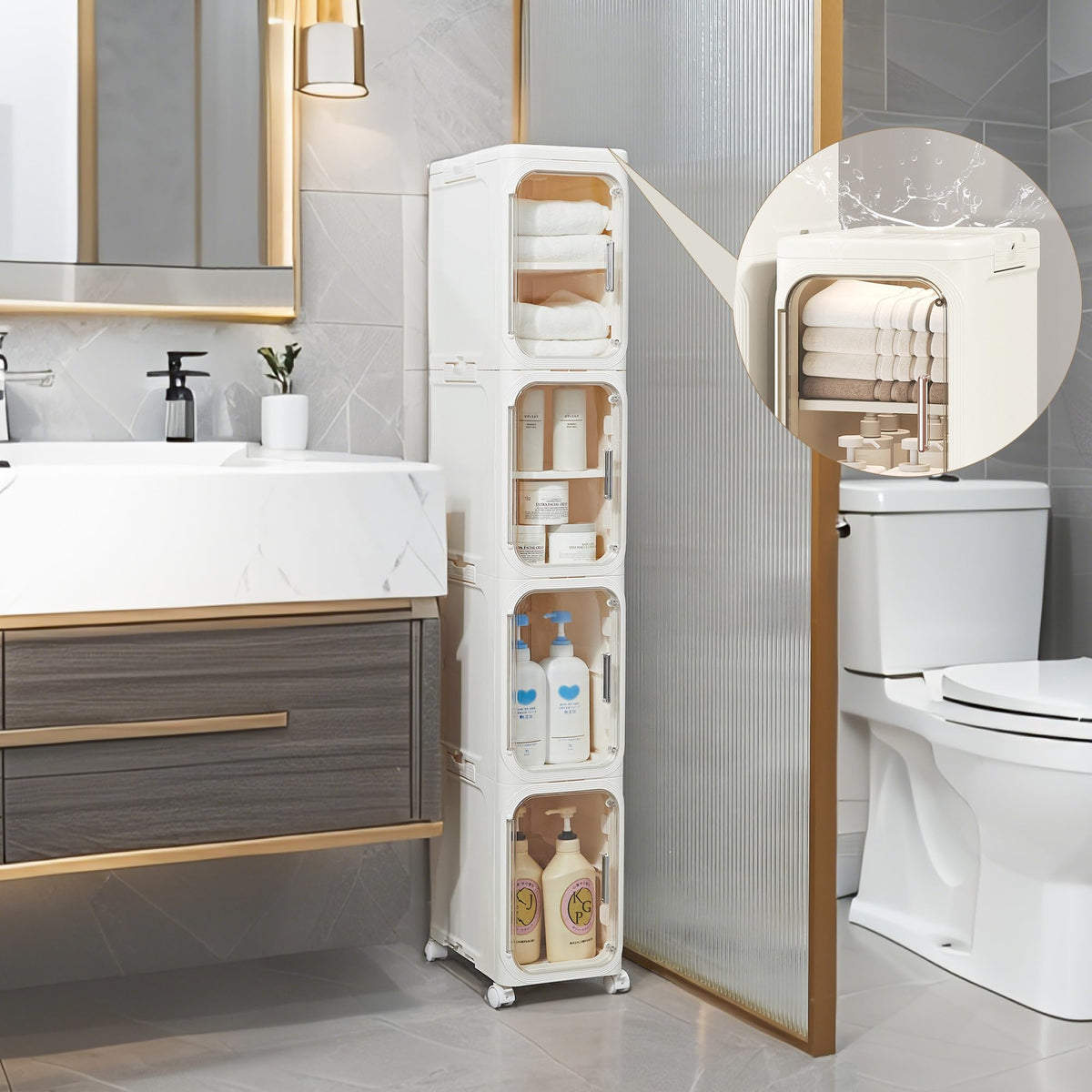 LXLXXL slim bathroom cabinet beige side profile highlighting compact footprint