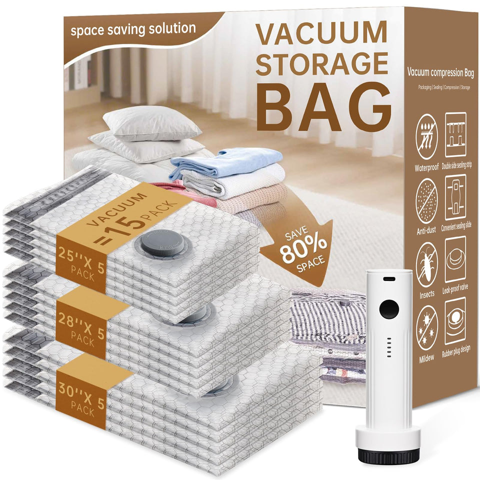 Lxmiora vacuum bags and wireless pump close-up showing airtight seal for space saving.