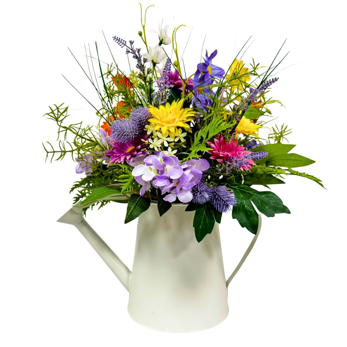 Lnymura farmhouse watering can centerpiece with bright wildflowers for year-round home décor.