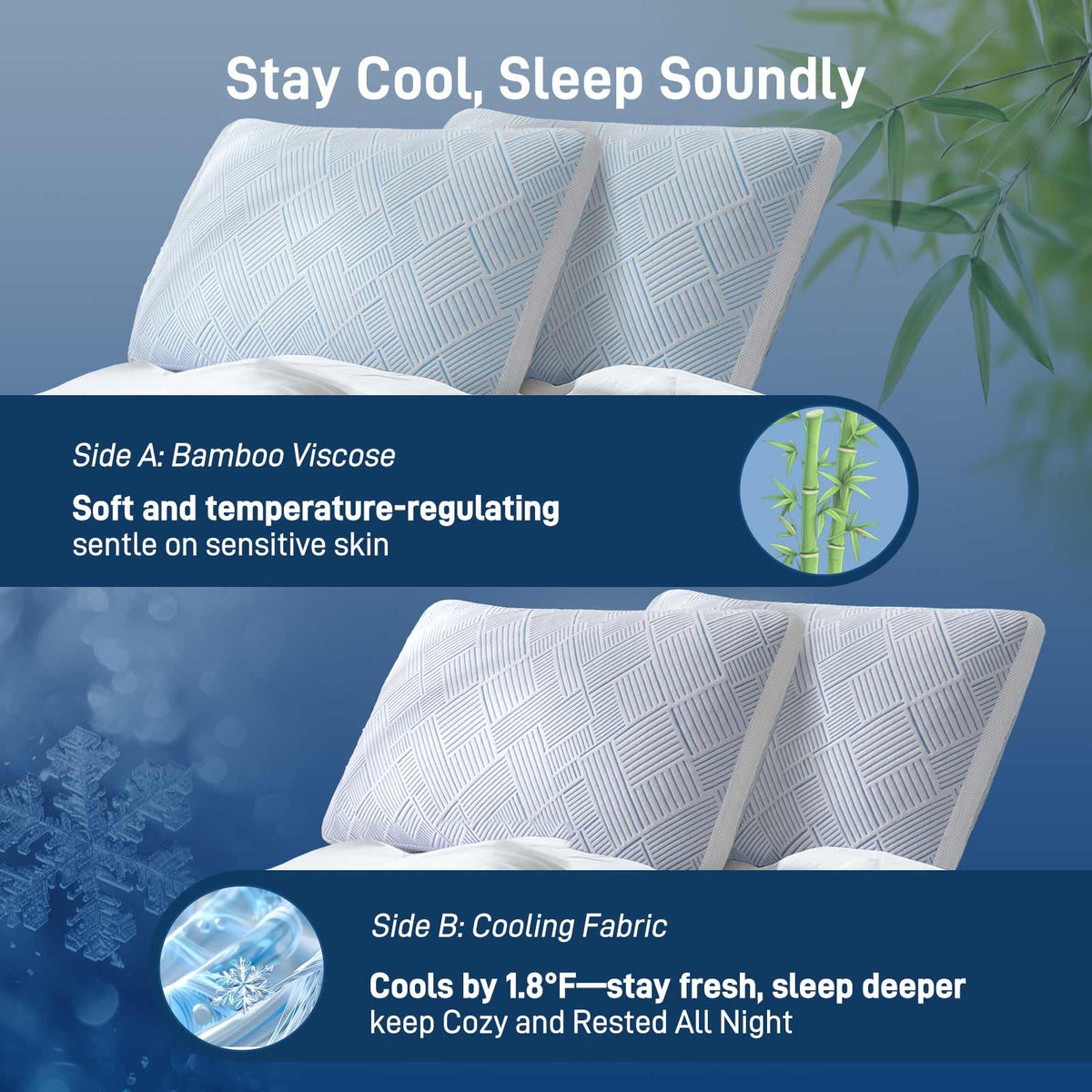 Set of 2 pillows, queen size, ideal for side, back or stomach sleepers.