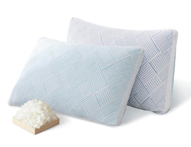 Lyralith shredded memory foam pillow, queen top view, contours neck for proper alignment.