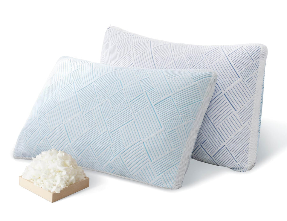 Lyralith shredded memory foam pillow, queen top view, contours neck for proper alignment.