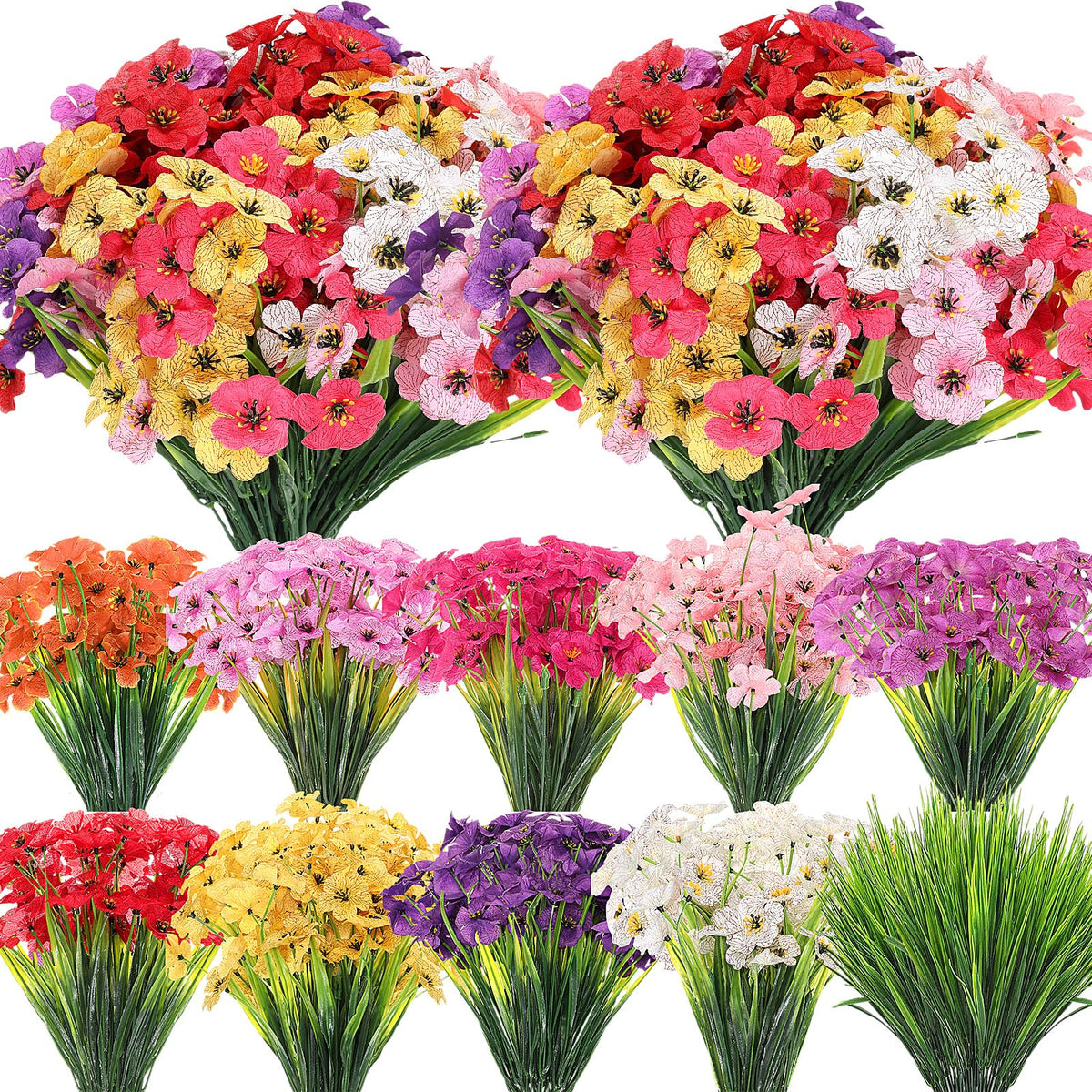 Lyrow 100 bundles violet artificial flowers for outdoor UV-resistant display.
