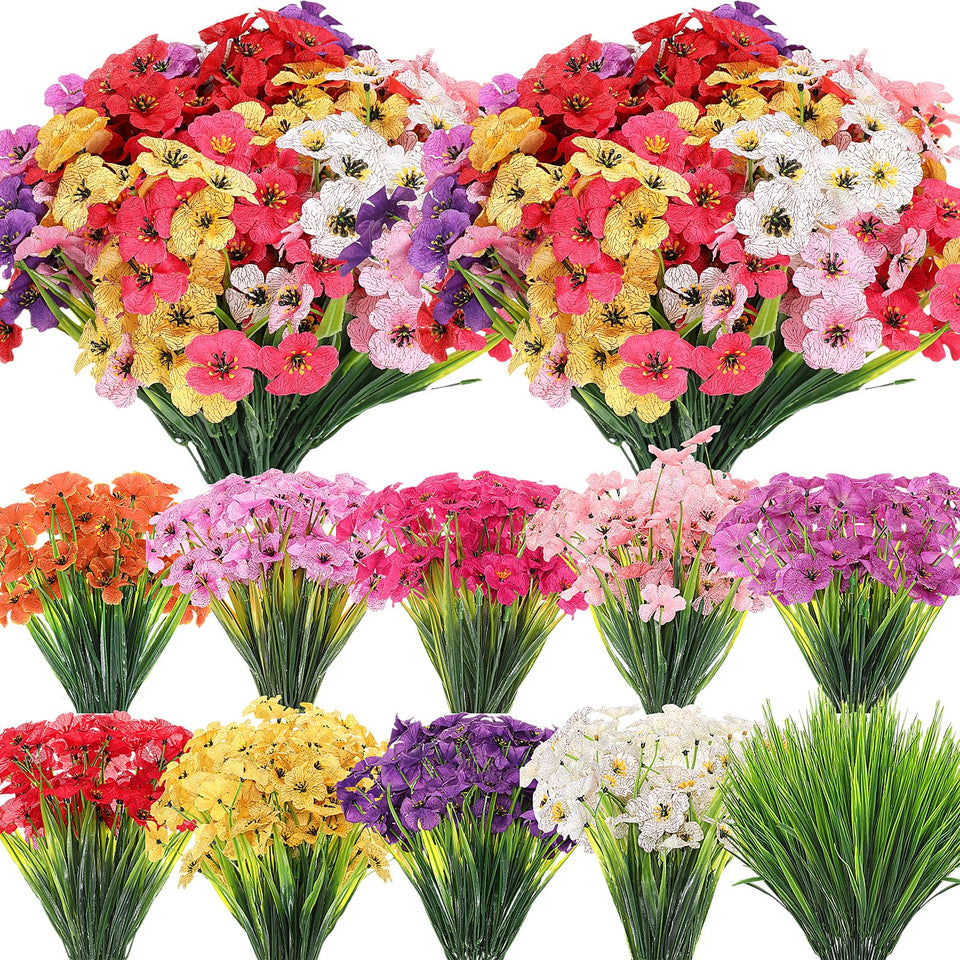 Lyrow 100 bundles violet artificial flowers for outdoor UV-resistant display.