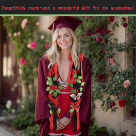 Lyrow artificial rose lei with red bow adds elegant graduation styling.