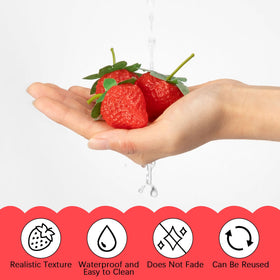 Lyrow artificial strawberries on a cake display for realistic dessert toppers.