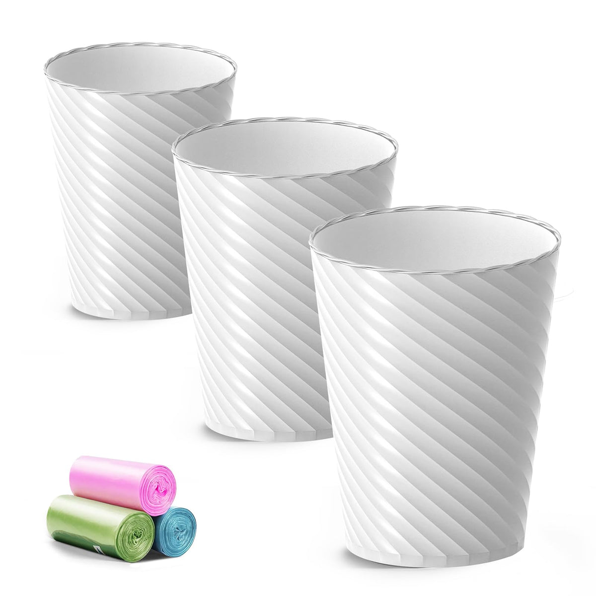 Lysam 3-pack white bathroom trash can, compact round design ideal for tight spaces.