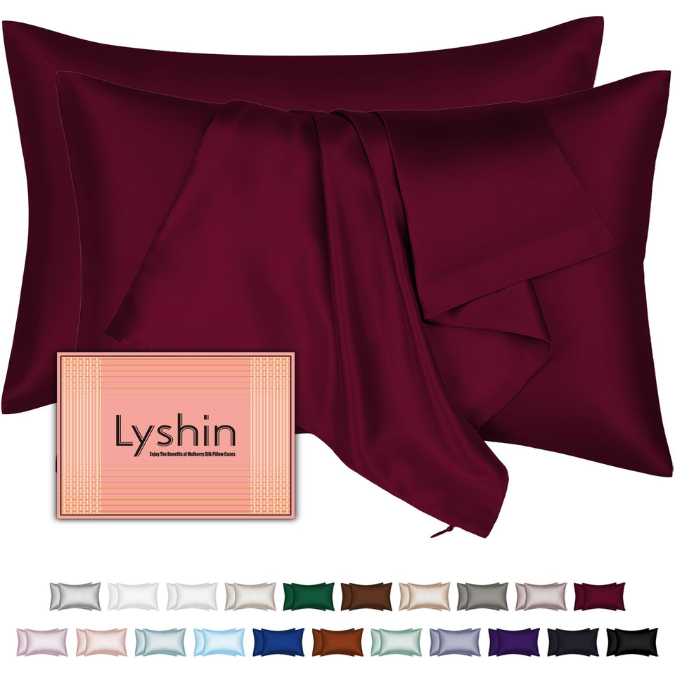 LYSHIN burgundy silk pillowcase two-pack close-up of glossy fabric for luxurious sleep surface