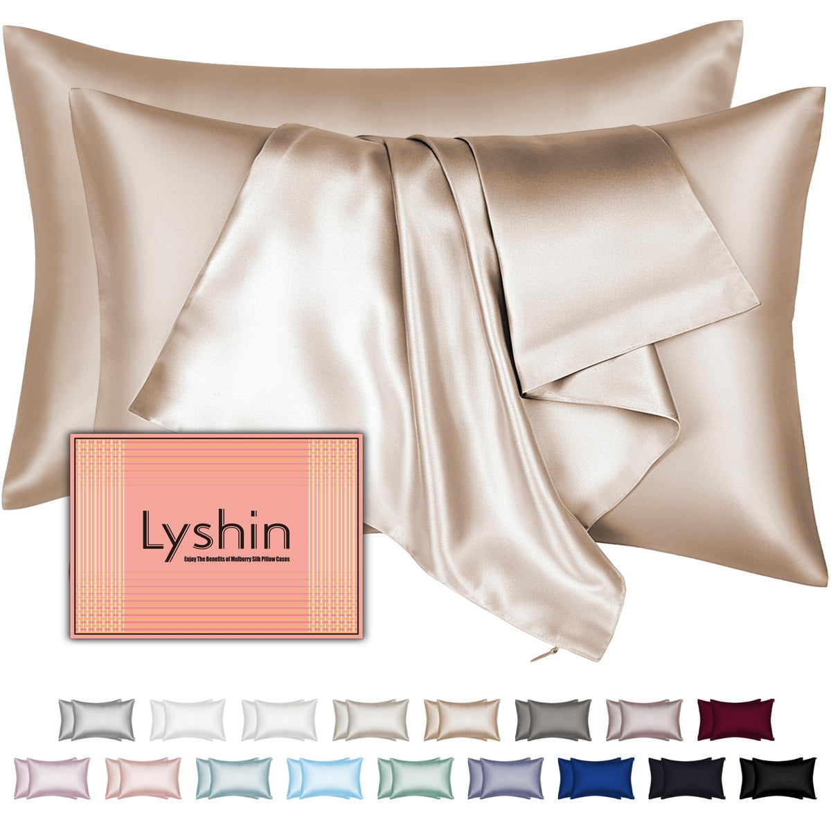 LYSHIN silk pillow case, queen size, front view, smooth glide for hair and skin benefits.