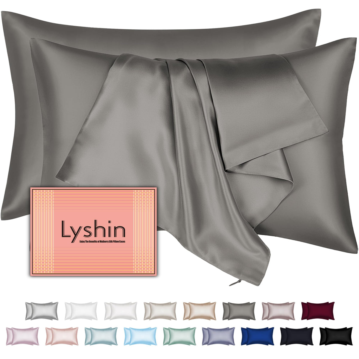 LYSHIN silk pillowcase 2-pack king size with hidden zipper for secure, low-friction sleep.