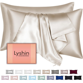 LYSHIN silk pillowcase 2-pack with hidden zipper in beige for secure, smooth sleep.