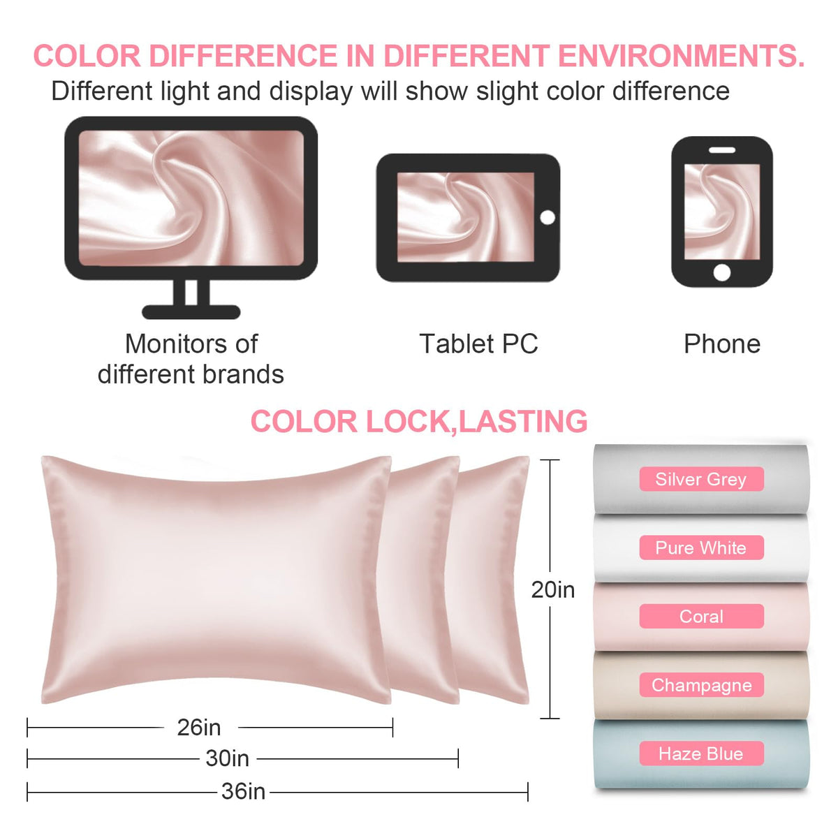 LYSHIN silk pillowcase coral pink close-up color and satin-like surface.