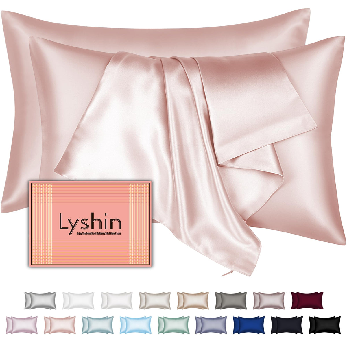 LYSHIN silk pillowcase coral pink front view for smoother hair and skin.
