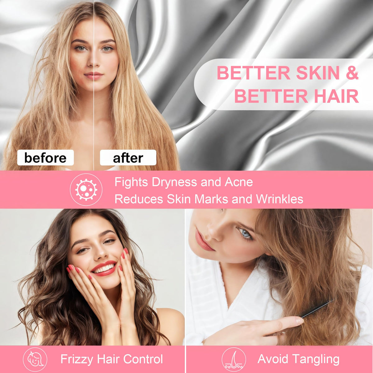 LYSHIN silk pillowcase reduces friction to protect hair and minimize frizz.