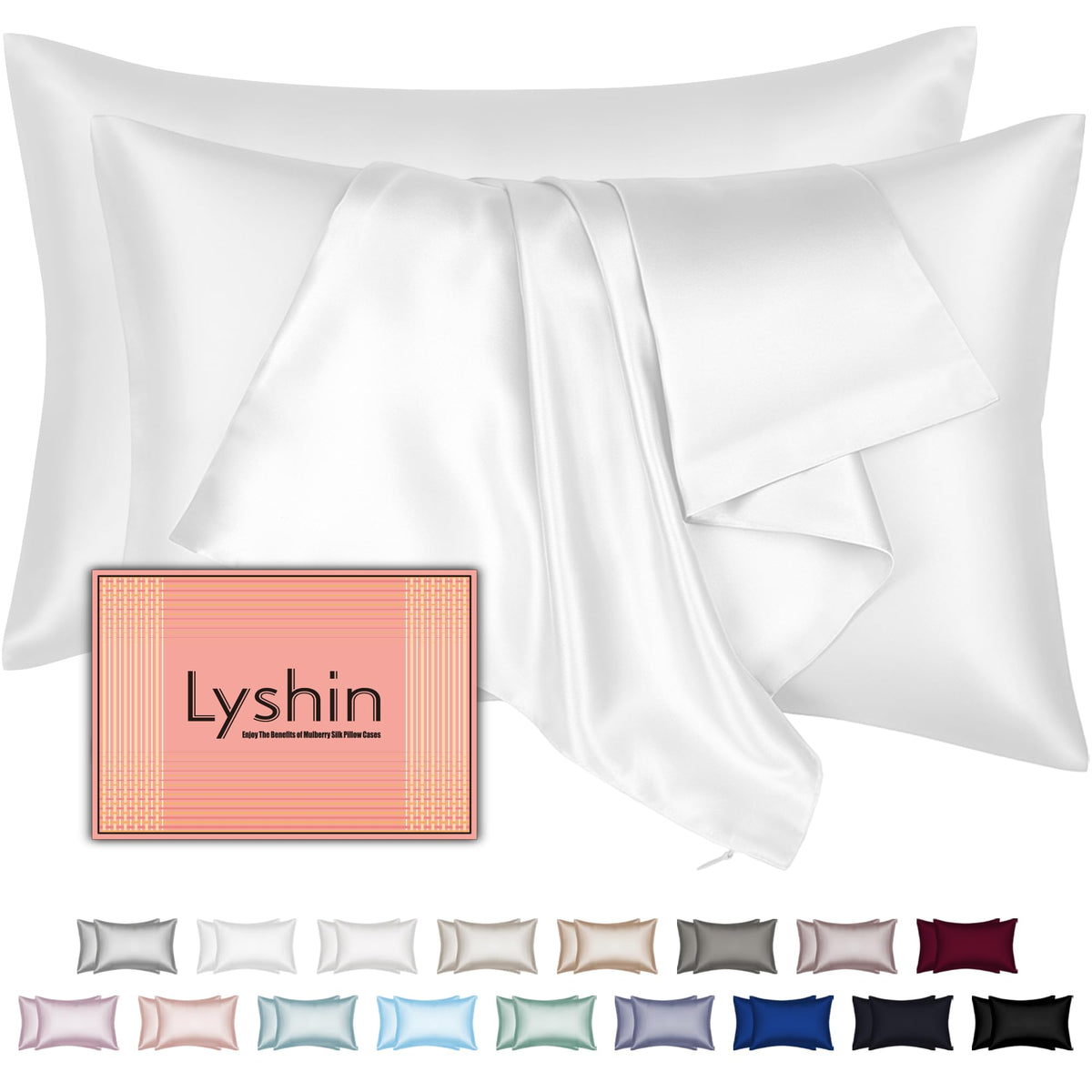 LYSHIN silk pillowcase in white with hidden zipper, smooth surface for hair and skin.
