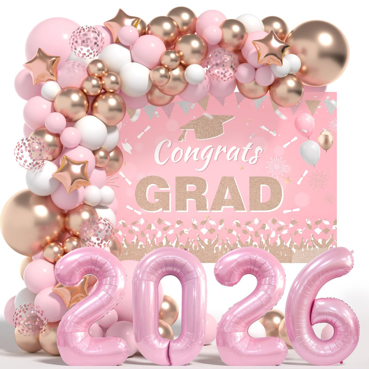 LYVEEF pink balloons arch with gold accents for a photo-ready graduation backdrop.