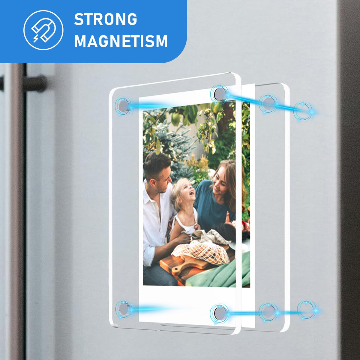 Lzerking acrylic frames on fridge offer clear, double-sided photo display