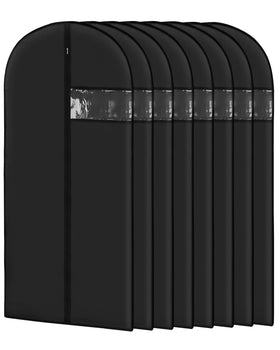 Lzerking garment bags 8-pack protecting hanging clothes from dust.