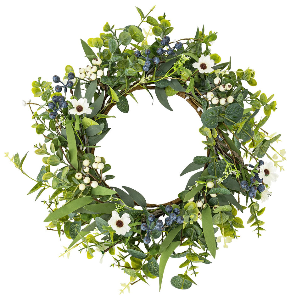 LZNPA 20 inch eucalyptus blue berries wreath on front door for chic curb appeal