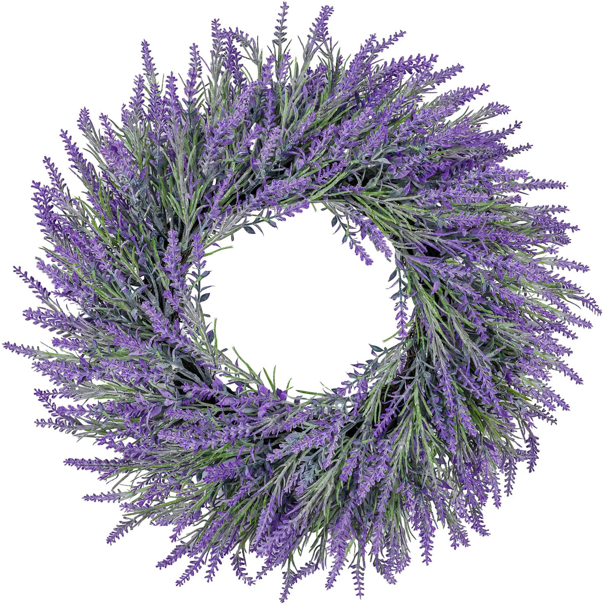 LZNPA 22-Inch lavender front door wreath seen from a wide angle for curb appeal