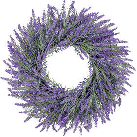LZNPA 22-Inch lavender front door wreath seen from a wide angle for curb appeal