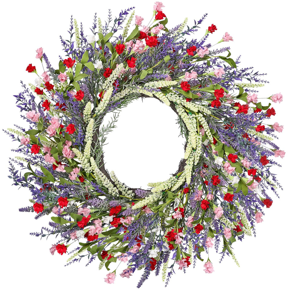 LZNPA 26-inch lavender wreath on front door enhances spring curb appeal.