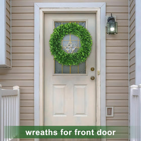 LZNPA Boxwood Wreath adds spring decor to farmhouse porches and living spaces.