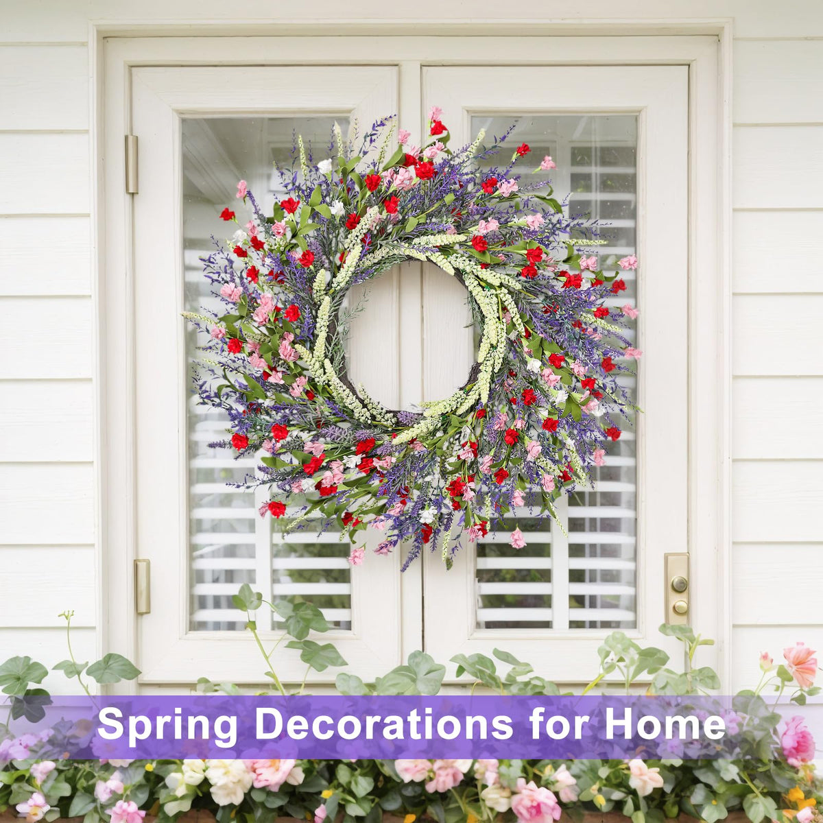 LZNPA lavender wreath displayed on front door for welcoming entry.