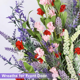 LZNPA lavender wreath on farmhouse porch adds rustic charm.