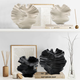 LZV black-gloss ceramic vase with flower shape for minimalist decor.