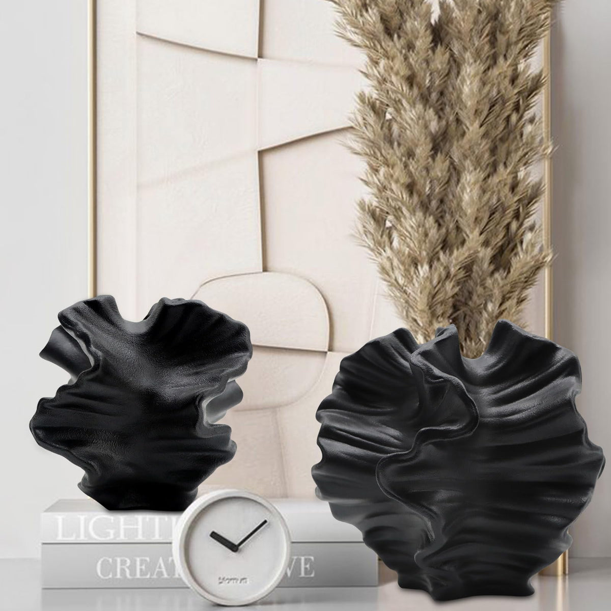 LZV ceramic vase set two short flower-shape accents ideal for shelves.