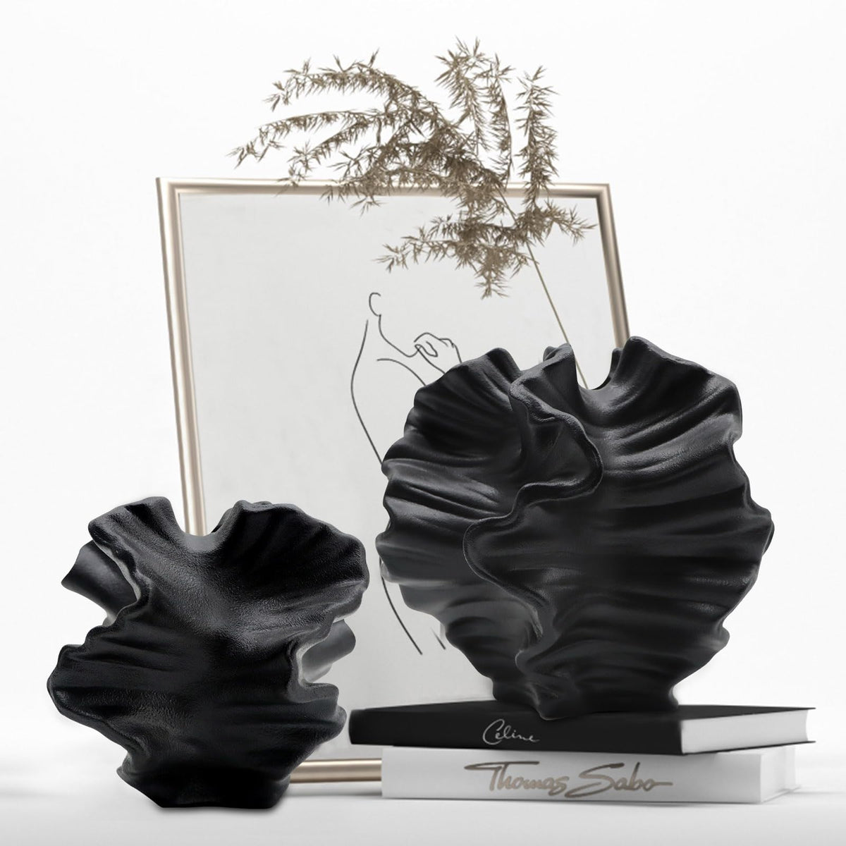 LZV ceramic vase set two tall flower-shape display for living room elegance.