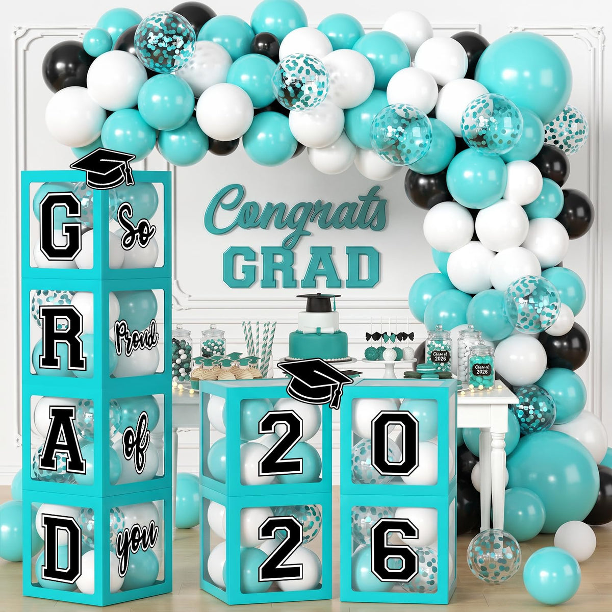 M AMFEOV 2026 grad teal arch boxes create a polished backdrop for ceremonies and photos.