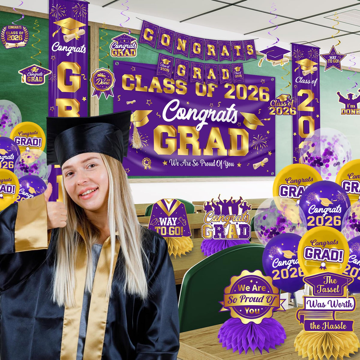 M AMFEOV Class of 2026 sign complements purple and gold accents.