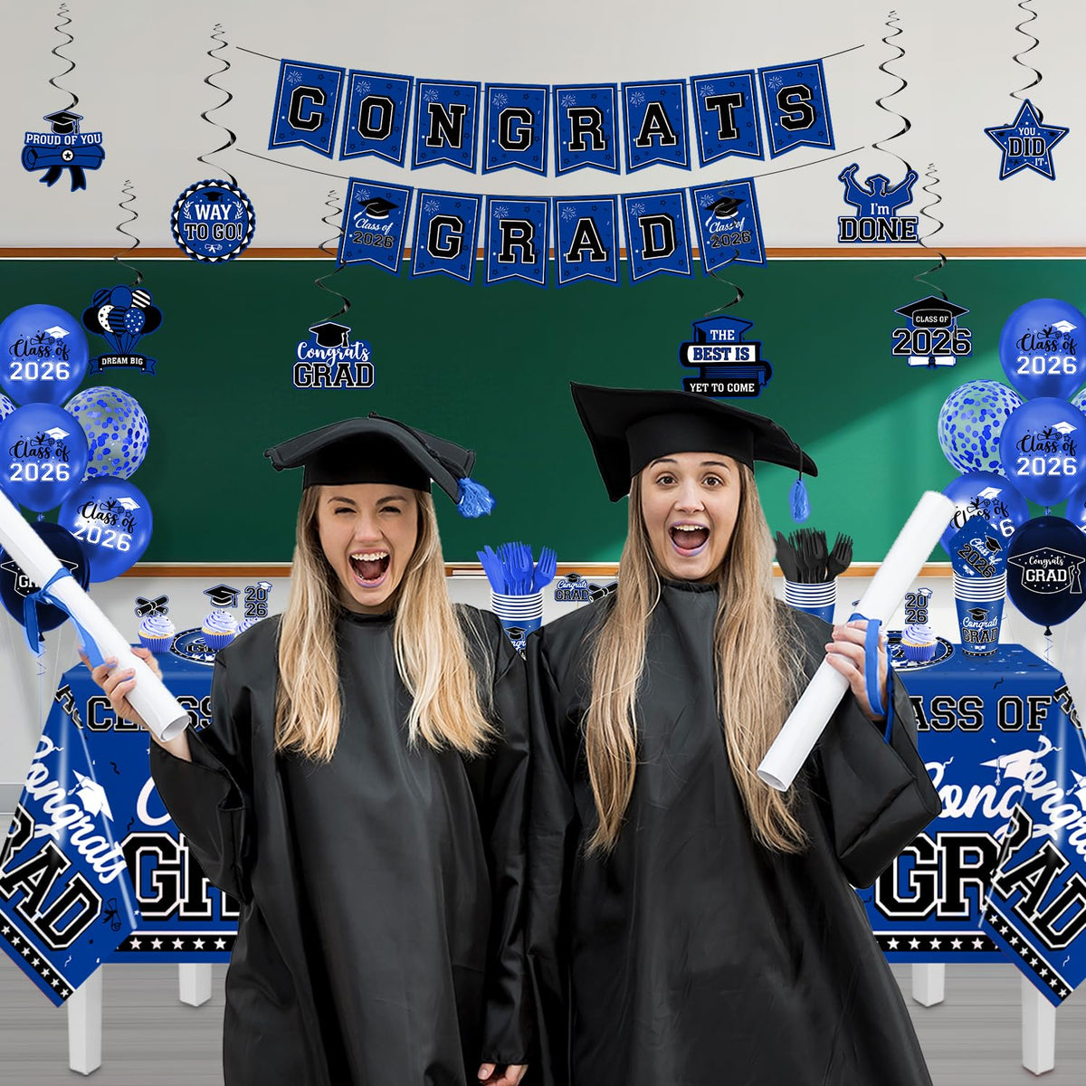 M AMFEOV swirl decorations add elegant black-blue flair to graduation venues