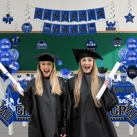 M AMFEOV swirl decorations add elegant black-blue flair to graduation venues