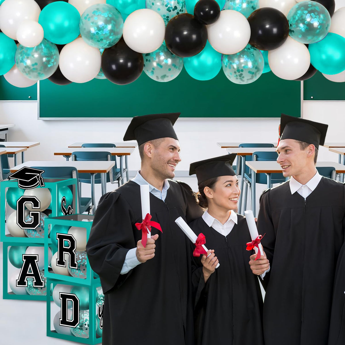 M AMFEOV teal grad backdrop setup creates a cohesive elegant party scene.