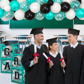 M AMFEOV teal grad backdrop setup creates a cohesive elegant party scene.
