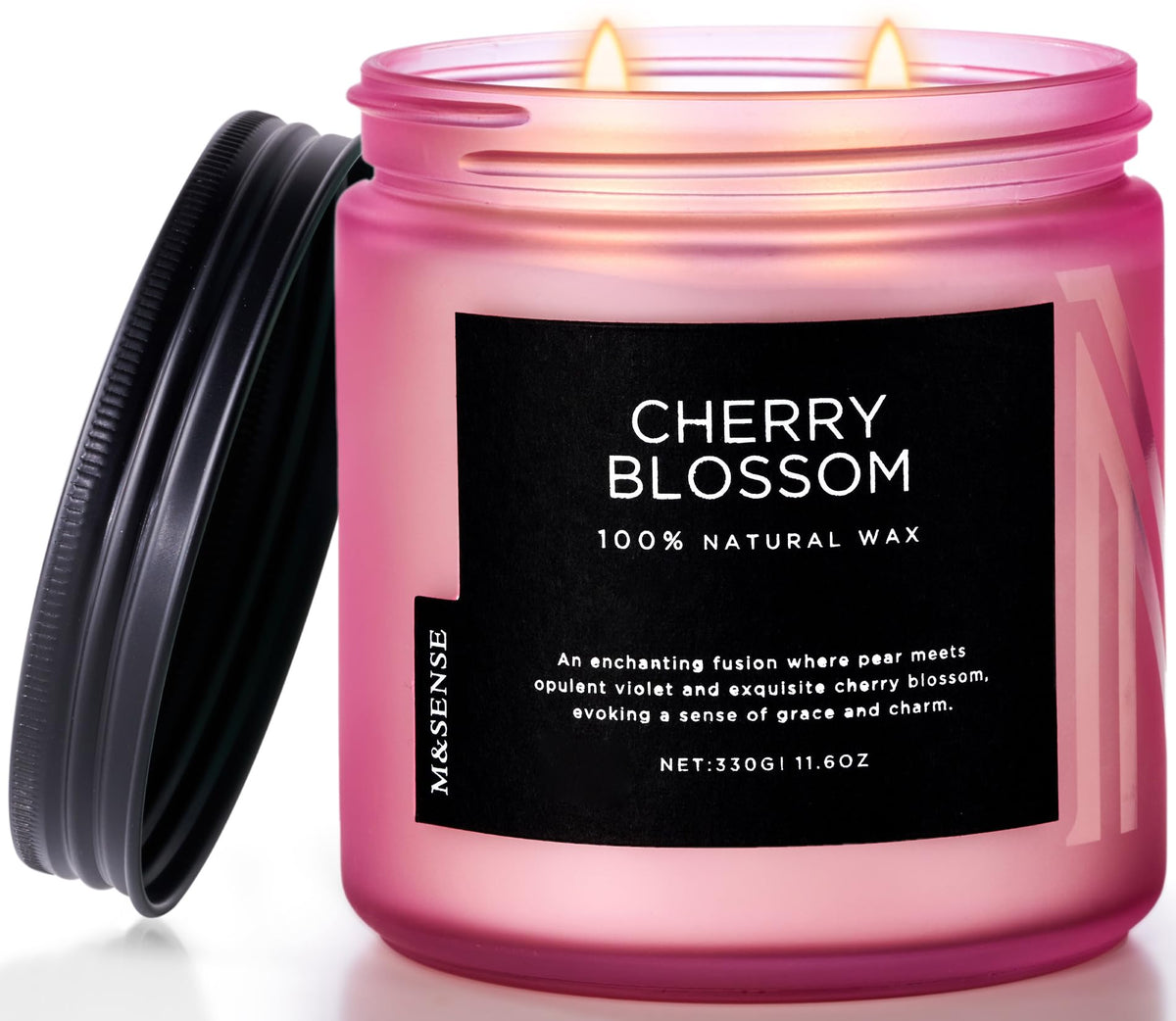M&SENSE Cherry Blossom candle jar closeup shows clean burn and reusable glass