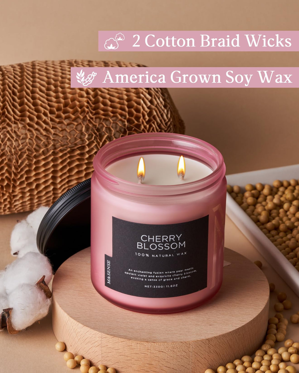 M&SENSE Cherry Blossom Candle lit with soft glow for relaxation