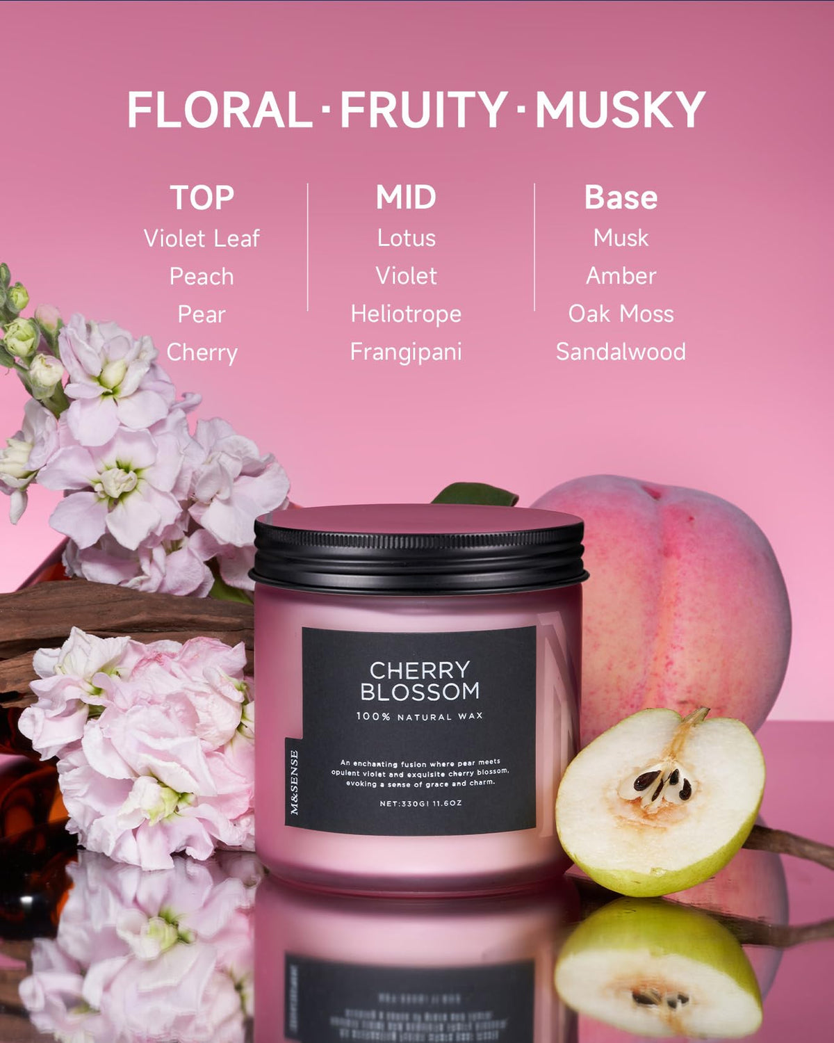 M&SENSE Cherry Blossom Candle wax detail highlights natural soy wax