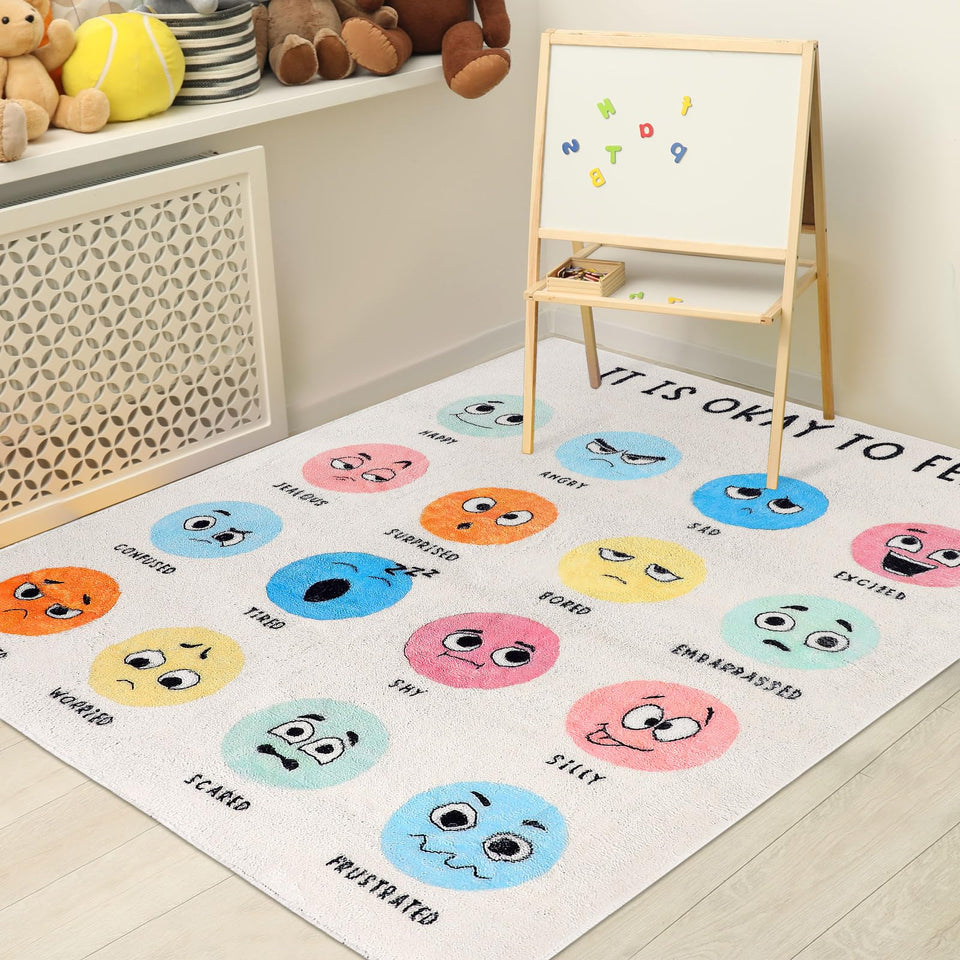 Maasechs Calming Corner Rug with feelings chart creates a soothing classroom space.