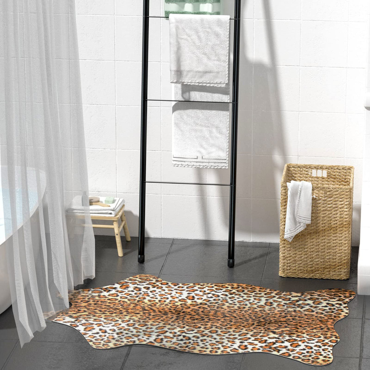 MACEVIA Leopard Rug closeup highlights soft texture and plush microfiber fibers.