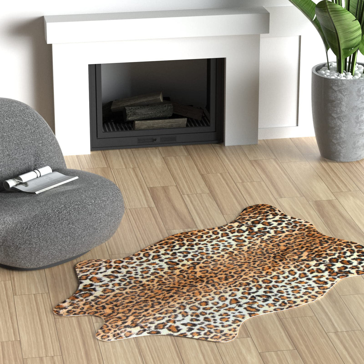 MACEVIA Leopard Rug under table setup brings western vibe with gentle texture under feet.