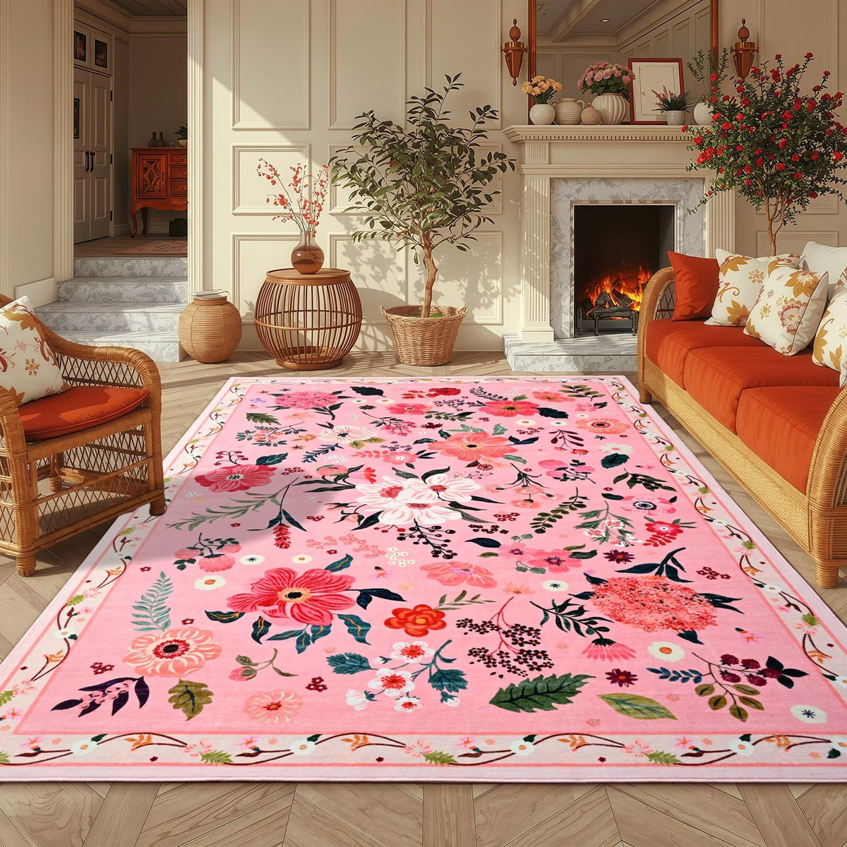 Macgace 5x7 pink floral rug close-up with vibrant blooms and soft underfoot