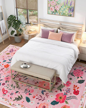 Macgace 5x7 pink floral rug in dining area brings color and practicality