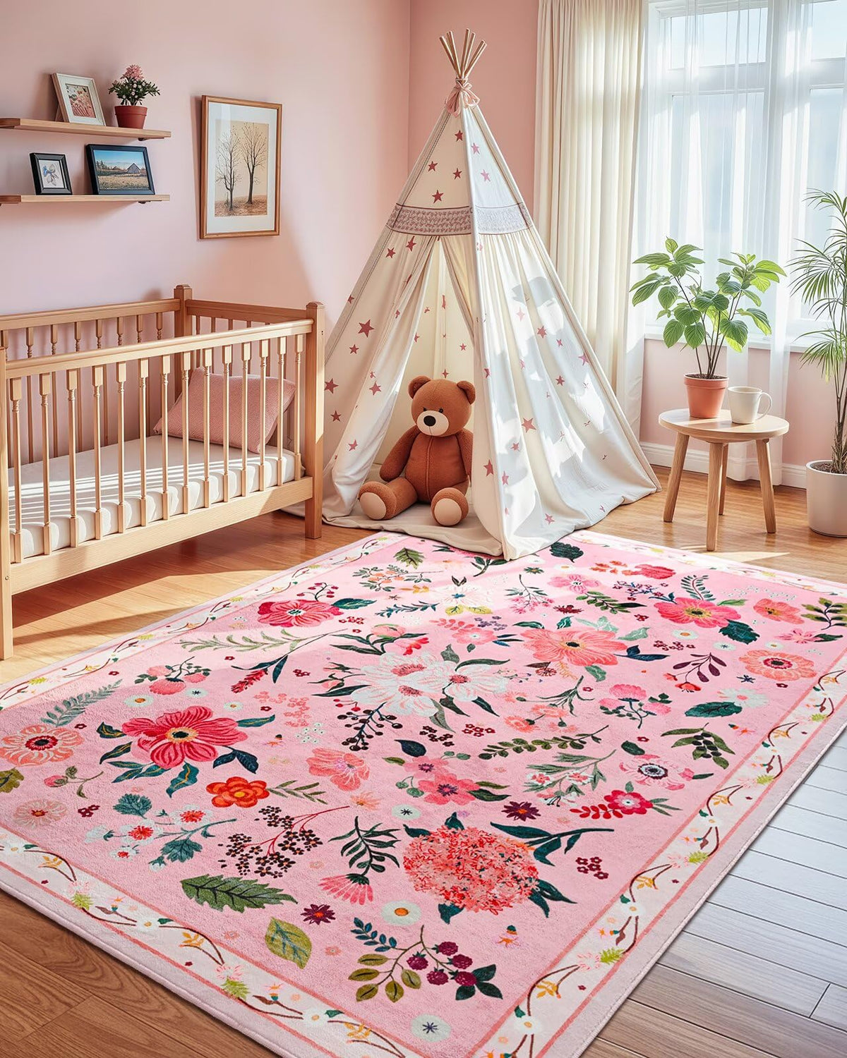 Macgace 5x7 pink floral rug in living room adds cozy, stylish decor