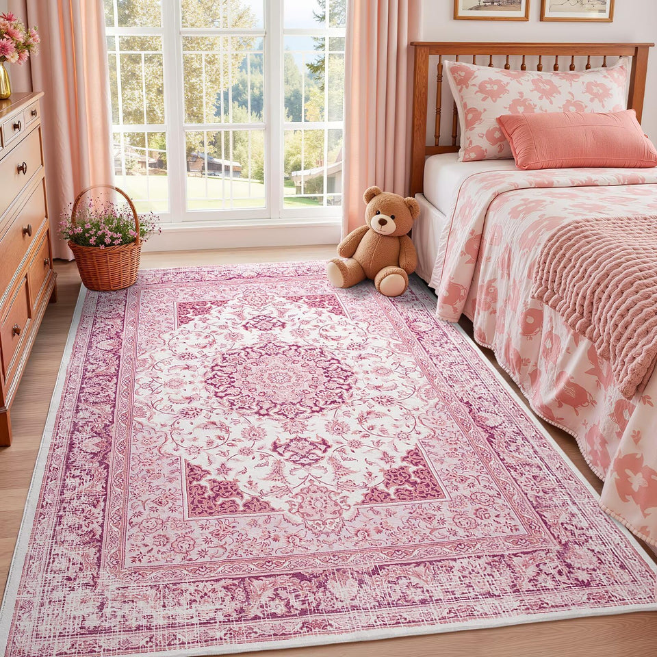 Macgace bright pink medallion rug 5x7 adds a bold focal point and cozy texture.