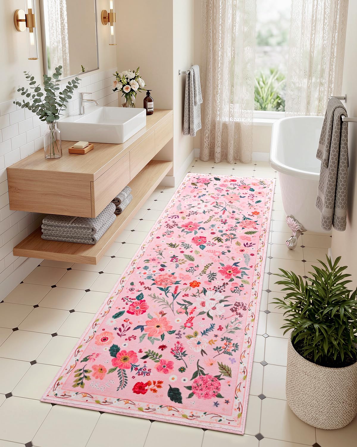 Macgace non-slip backing keeps the rug secure on tile, wood, or laminate