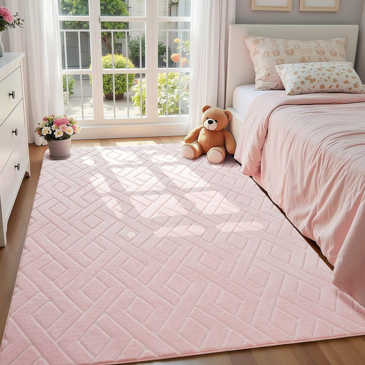 Macgace pink area rug adds tactile softness for crawling babies